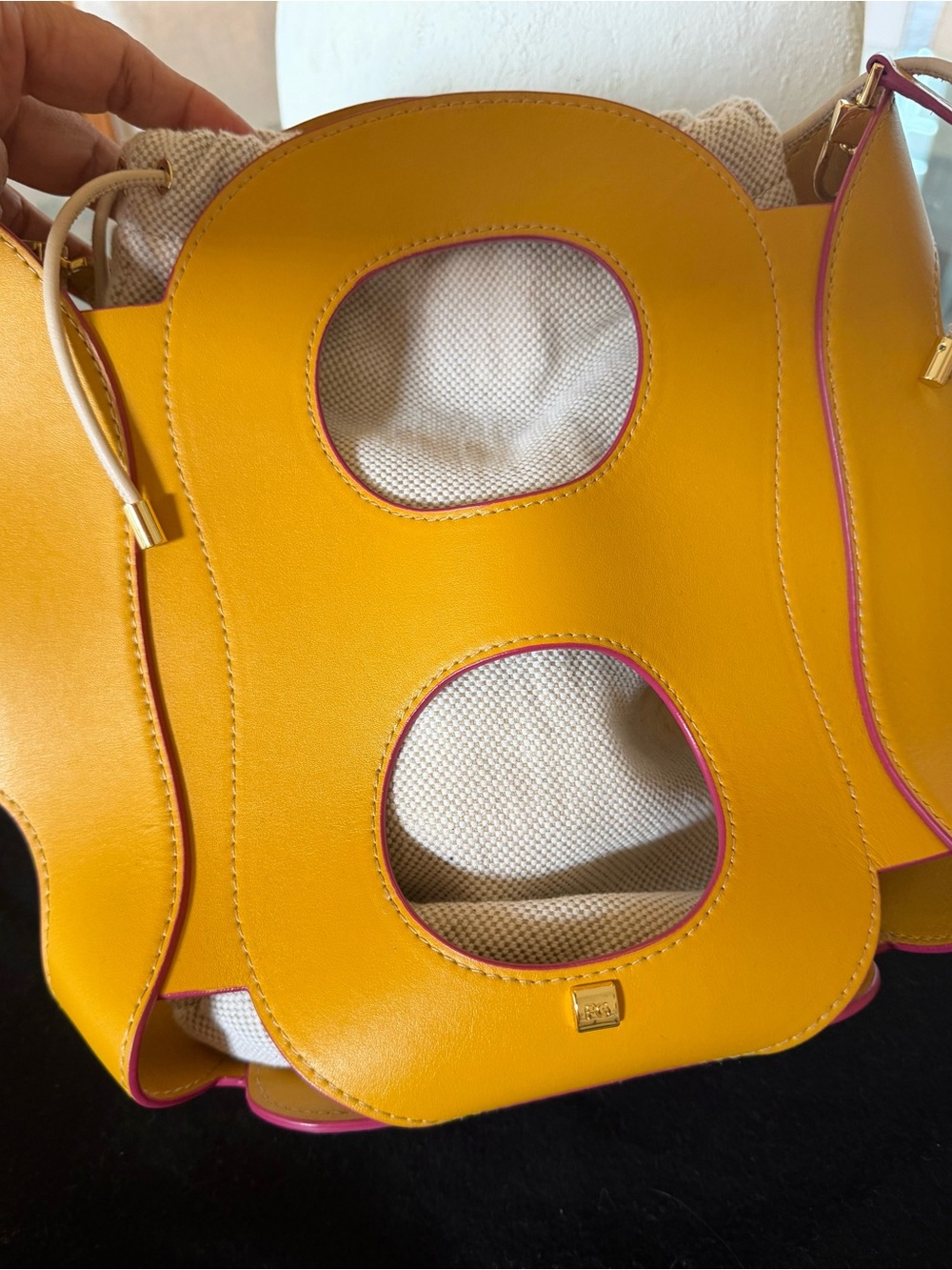 Purificacion Garcia Yellow Leather Drawstring Bucket Shoulder Bag with Pink Trim - Picture 4 of 7